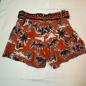 TAHARI‎ Linen Shorts 8 New Palm Print High Rise Belted Orange Tropical Resort